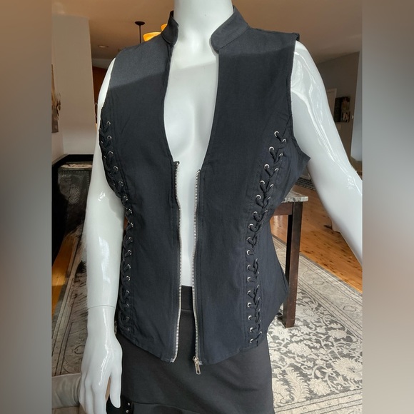 Hearts Rob Lace Up Zip Up Black Vest Criss Cross Open Back Woman’s Large X-Large - Picture 4 of 13
